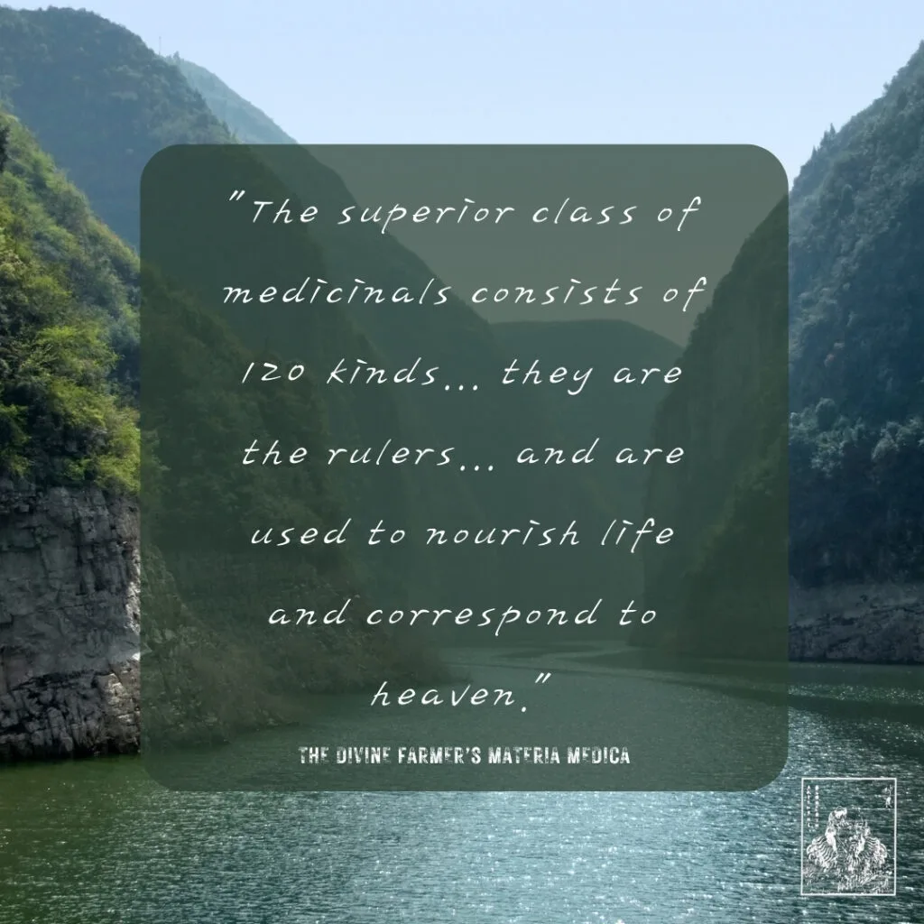 "The superior class of medicinals consists of 120 kinds... they are the rulers... and are used to nourish life and correspond to heaven."