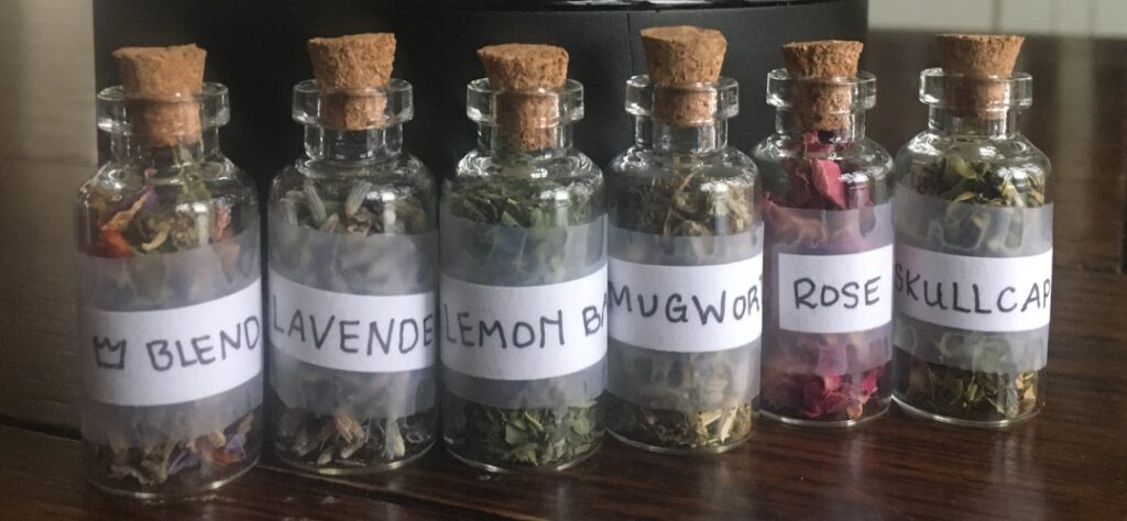 Tiny herb set including a Crown Blend, Lavender, Lemon Balm, Mugwort, Rose and Skullcap
